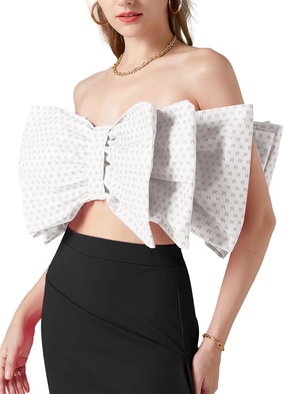 LYANER Women's Sexy Layer Bow Tie Tube Crop Top Sleeveless Strapless Print Party Fluffy Tank Top