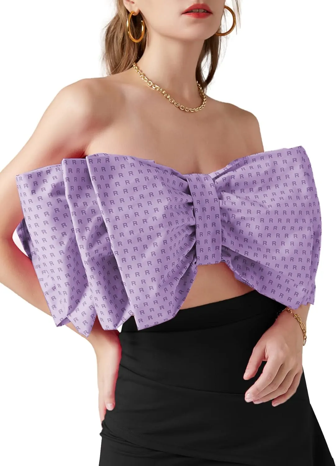 LYANER Women's Sexy Layer Bow Tie Tube Crop Top Sleeveless Strapless Print Party Fluffy Tank Top
