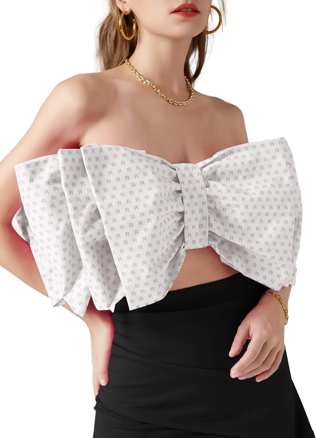 LYANER Women's Sexy Layer Bow Tie Tube Crop Top Sleeveless Strapless Print Party Fluffy Tank Top