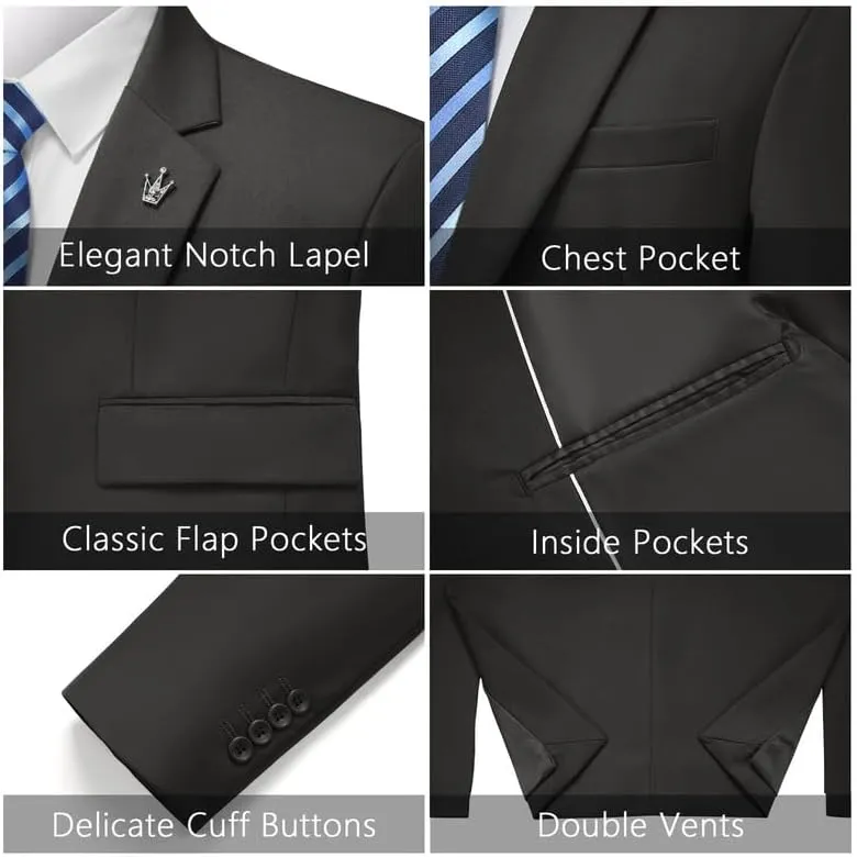 MAGE MALE Mens 2 Piece Suit Slim Fit Solid Wedding Prom Tuxedo Suit with One Button Notch Lapel Blazer and Pants