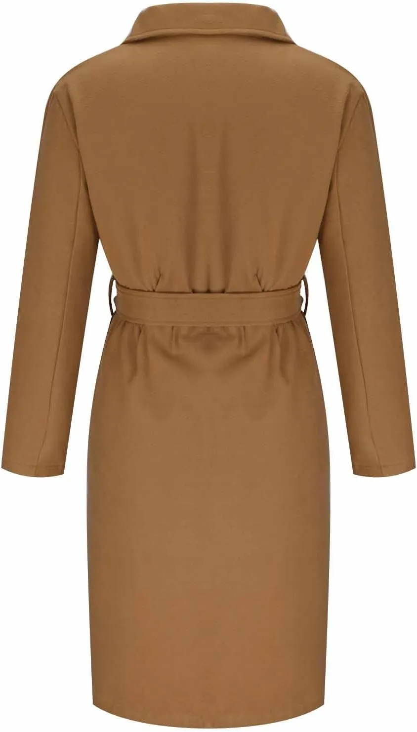 maisdgop Long Trench Coat for Women Winter Wool Open Front Windbreaker Trendy Long Sleeve Warm Lapel Overcoat with Pockets