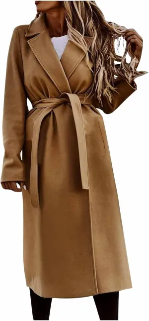 maisdgop Long Trench Coat for Women Winter Wool Open Front Windbreaker Trendy Long Sleeve Warm Lapel Overcoat with Pockets