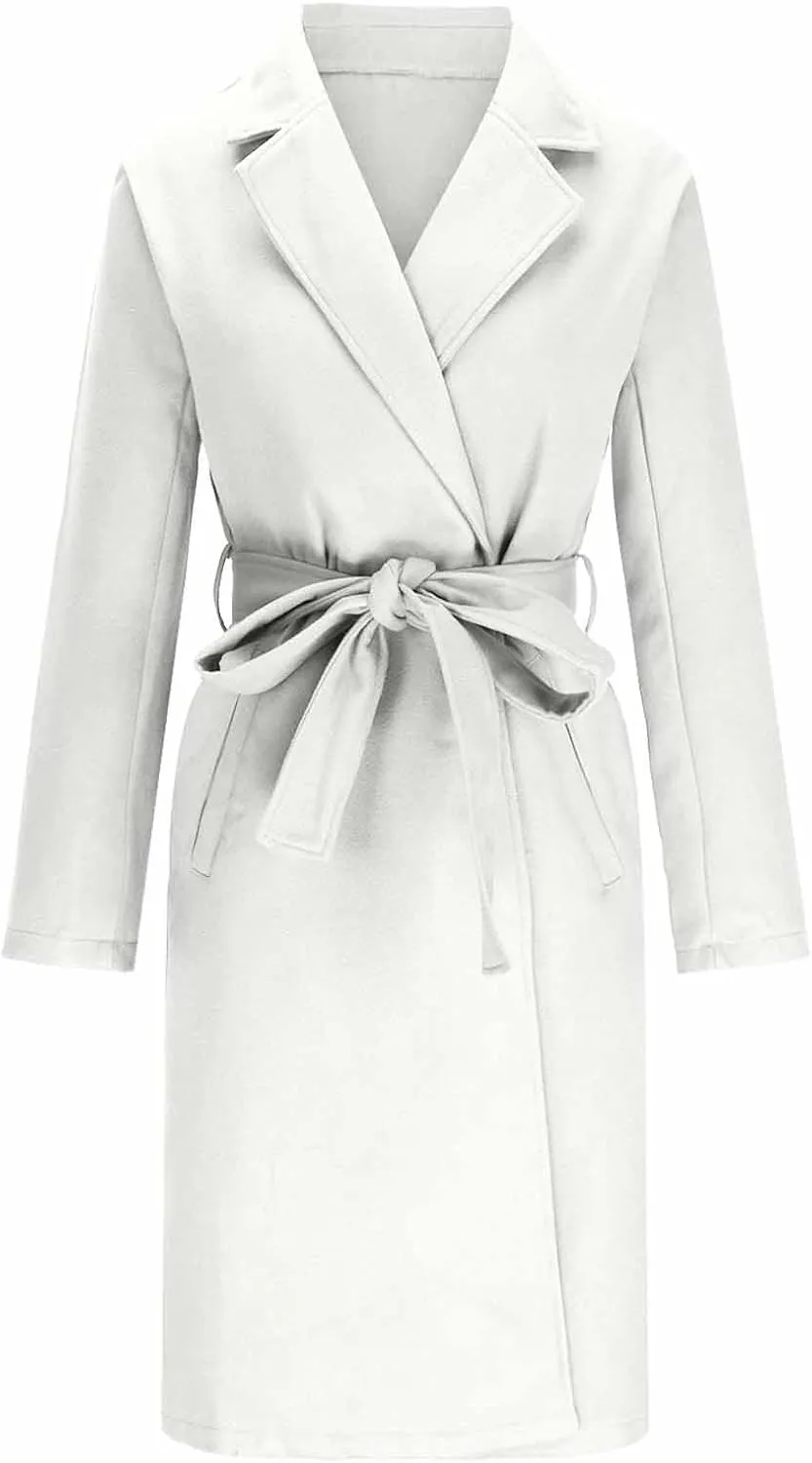 maisdgop Long Trench Coat for Women Winter Wool Open Front Windbreaker Trendy Long Sleeve Warm Lapel Overcoat with Pockets