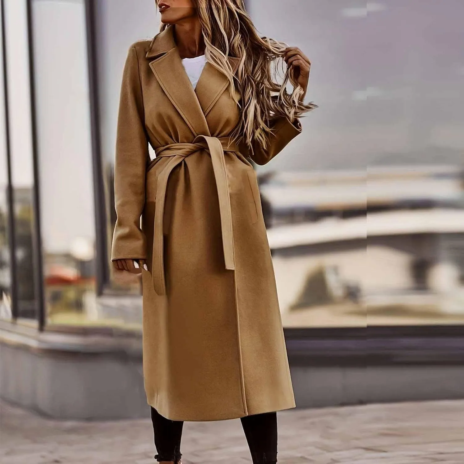 maisdgop Long Trench Coat for Women Winter Wool Open Front Windbreaker Trendy Long Sleeve Warm Lapel Overcoat with Pockets