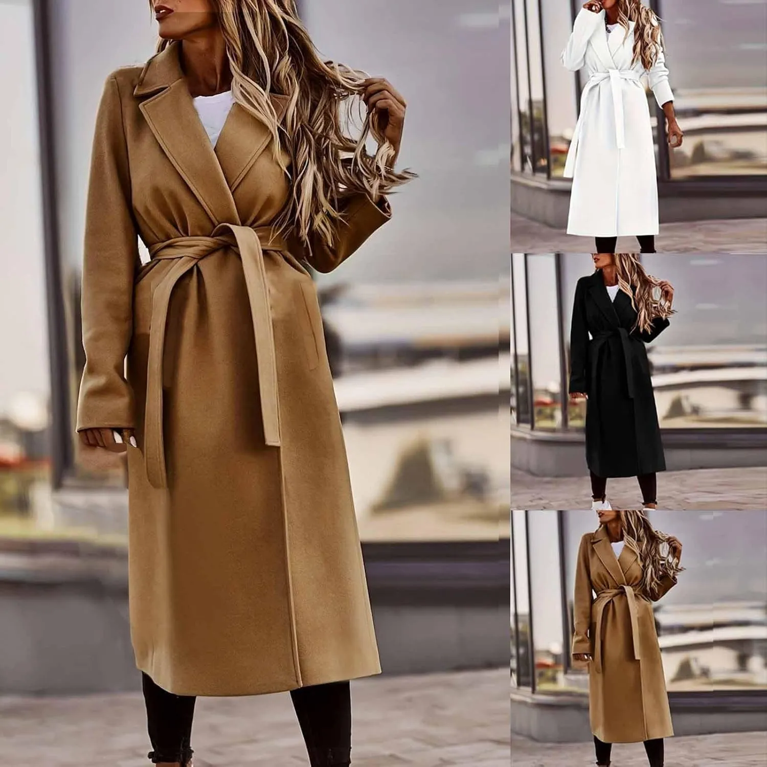 maisdgop Long Trench Coat for Women Winter Wool Open Front Windbreaker Trendy Long Sleeve Warm Lapel Overcoat with Pockets