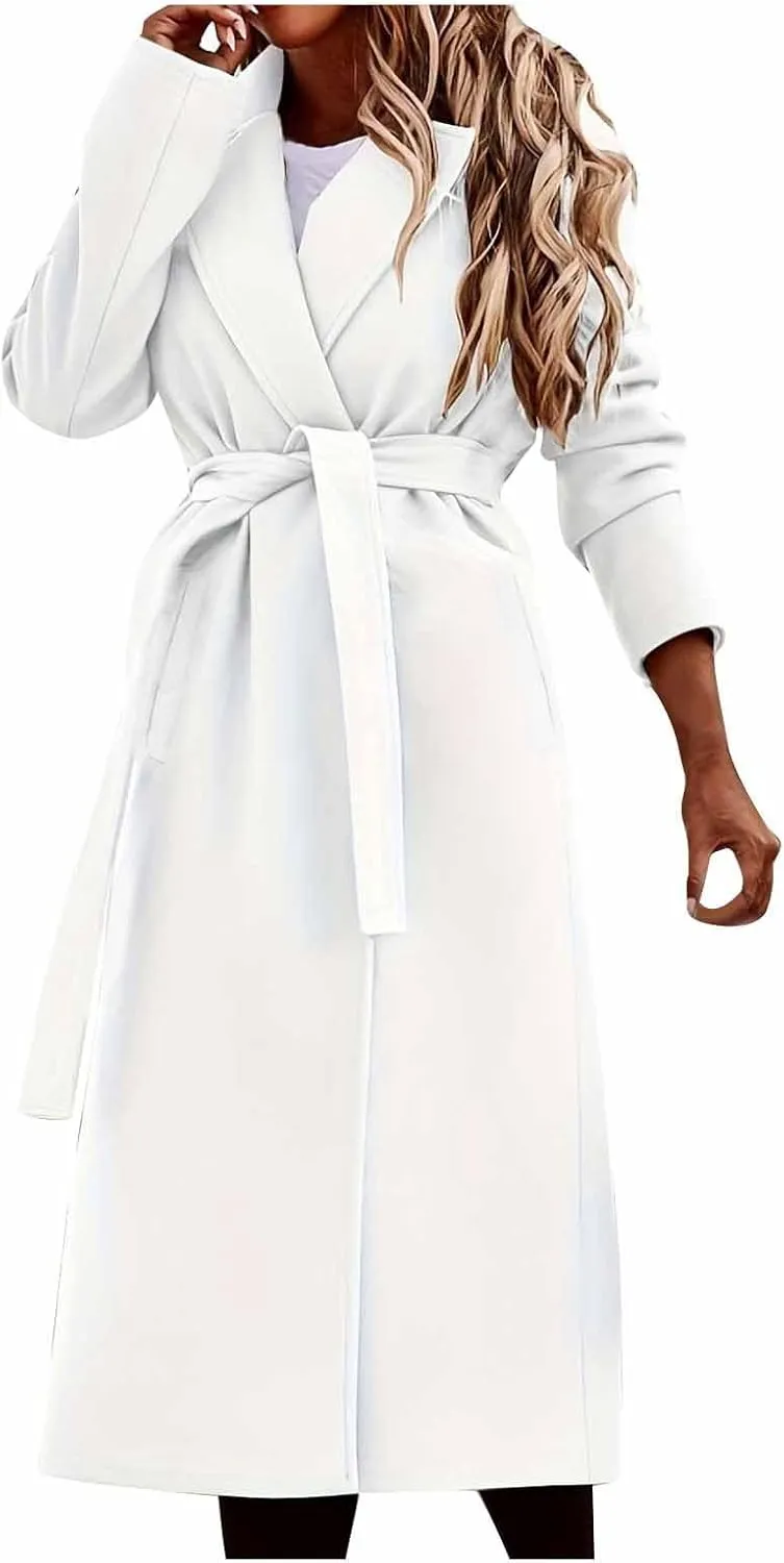 maisdgop Long Trench Coat for Women Winter Wool Open Front Windbreaker Trendy Long Sleeve Warm Lapel Overcoat with Pockets