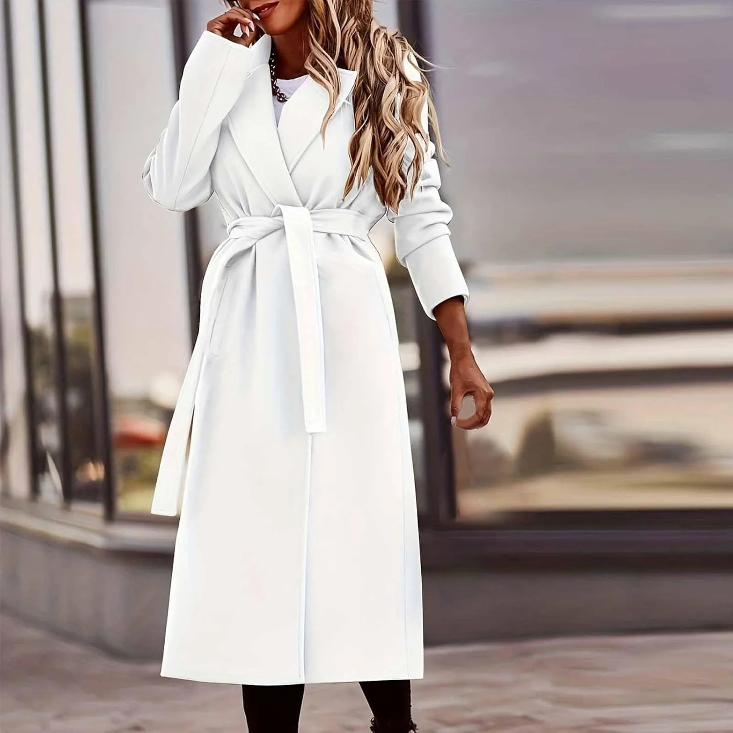 maisdgop Long Trench Coat for Women Winter Wool Open Front Windbreaker Trendy Long Sleeve Warm Lapel Overcoat with Pockets