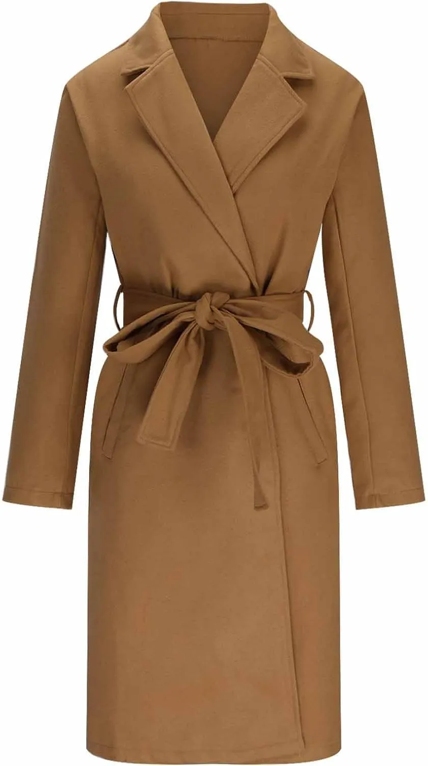 maisdgop Long Trench Coat for Women Winter Wool Open Front Windbreaker Trendy Long Sleeve Warm Lapel Overcoat with Pockets