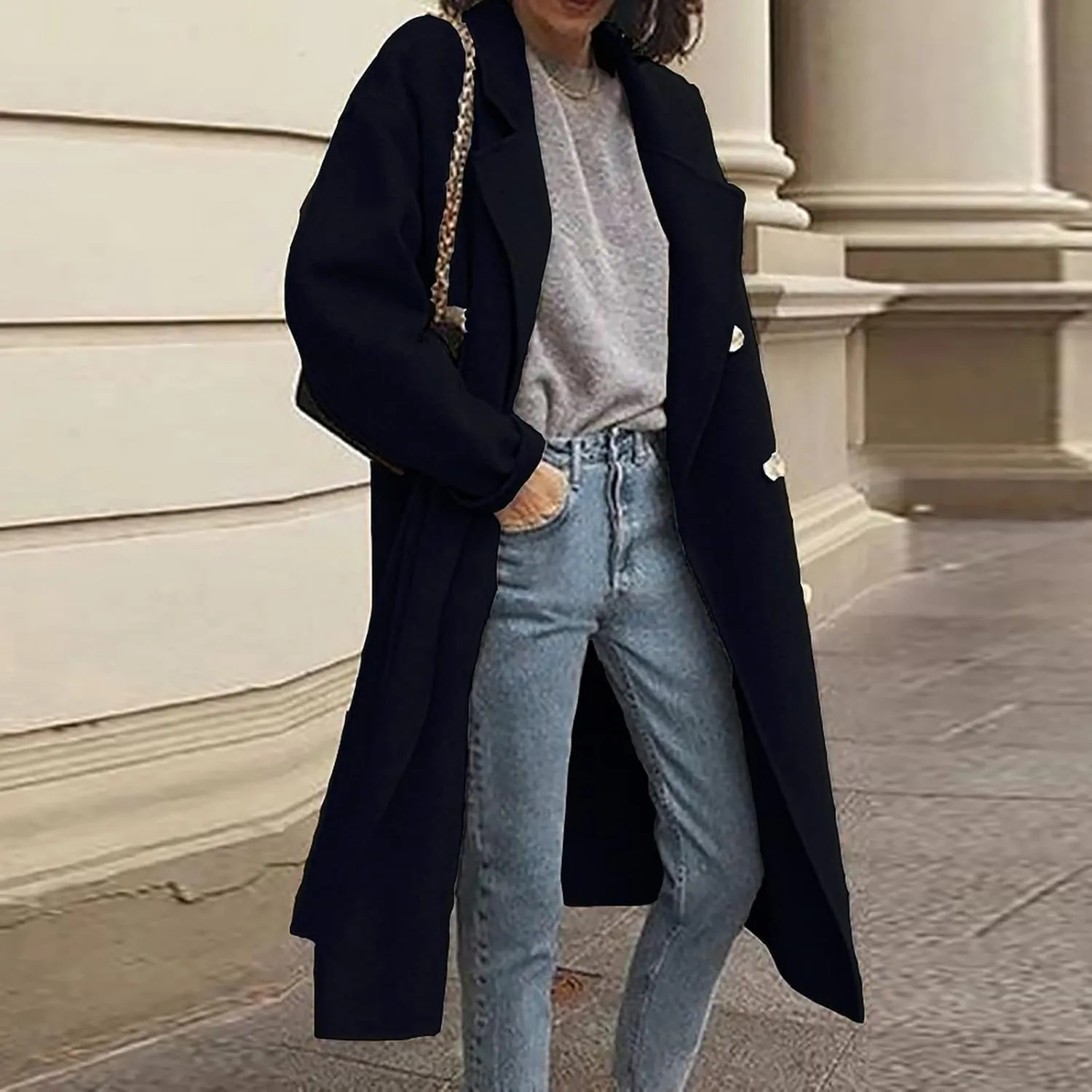 maisdgop Trench Coats for Women Classic Double Breasted Peacoat Long Sleeve Lapel Windbreaker Winter Woolen Cloth Jackets