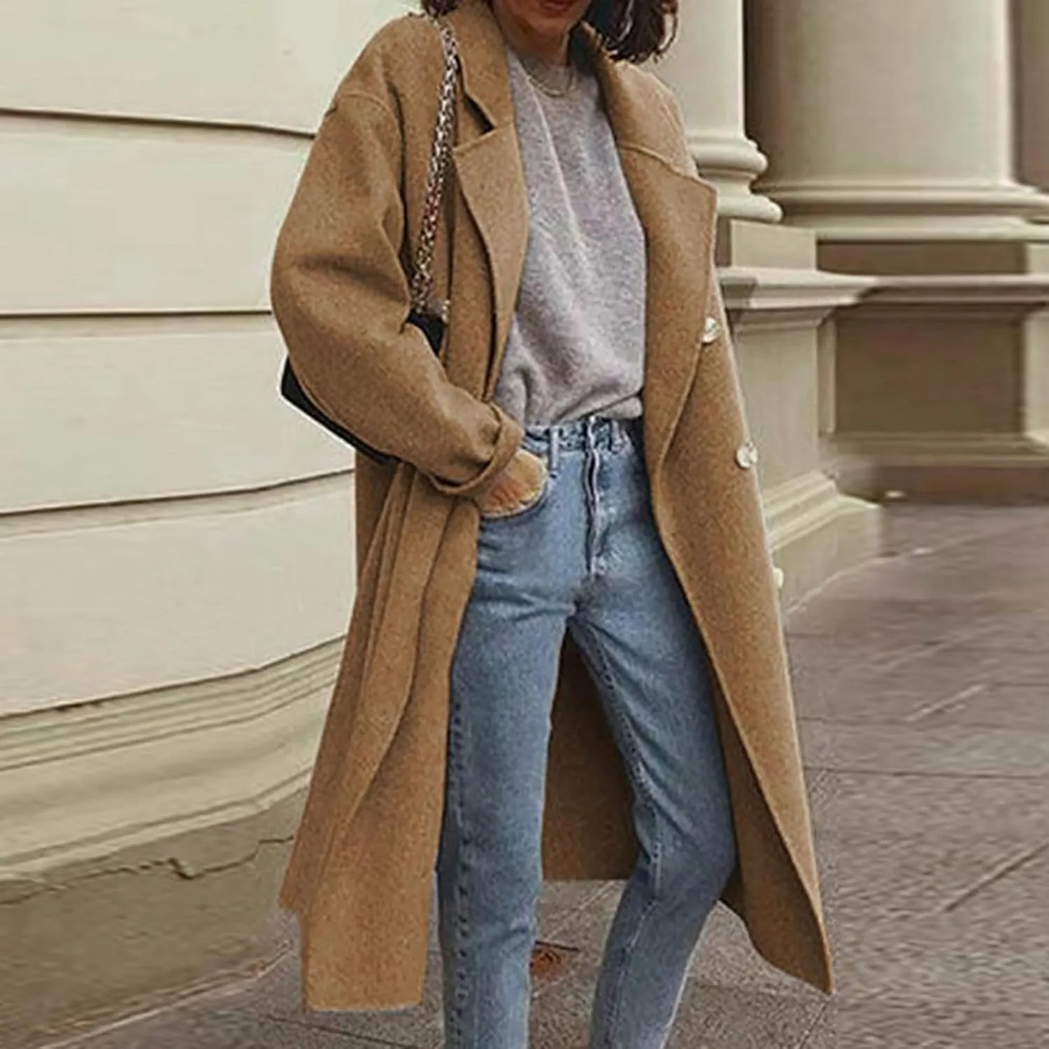 maisdgop Trench Coats for Women Classic Double Breasted Peacoat Long Sleeve Lapel Windbreaker Winter Woolen Cloth Jackets