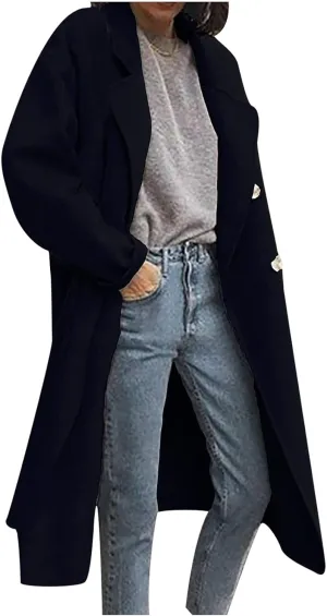 maisdgop Trench Coats for Women Classic Double Breasted Peacoat Long Sleeve Lapel Windbreaker Winter Woolen Cloth Jackets