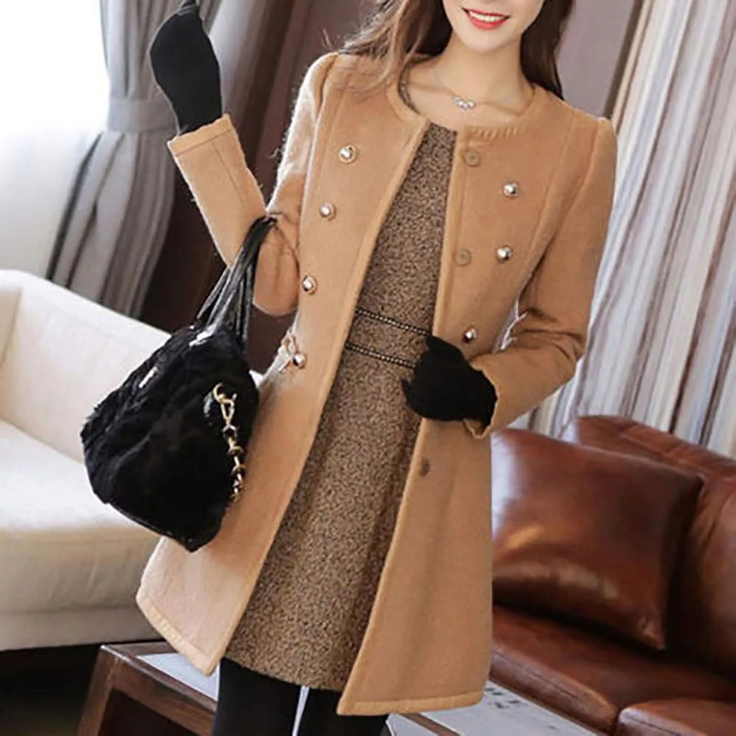 maisdgop Winter Trench Coat for Women Long Sleeve Woolen Cloth Windbreaker Solid Button down Jacket Fashion Lapel Pea Coats