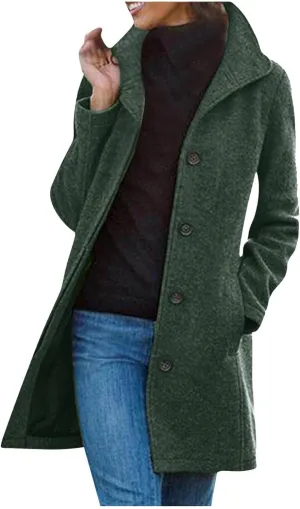 maisdgop Winter Trench Coat for Women Long Sleeve Woolen Cloth Windbreaker Solid Button down Jacket Fashion Lapel Pea Coats