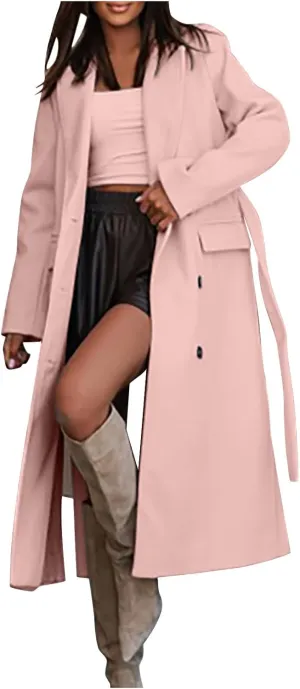 maisdgop Womens Pea Coat Winter Notch Lapel Wool Coat Double Breasted Business Windbreaker Casual Long Woolen Trench Coat