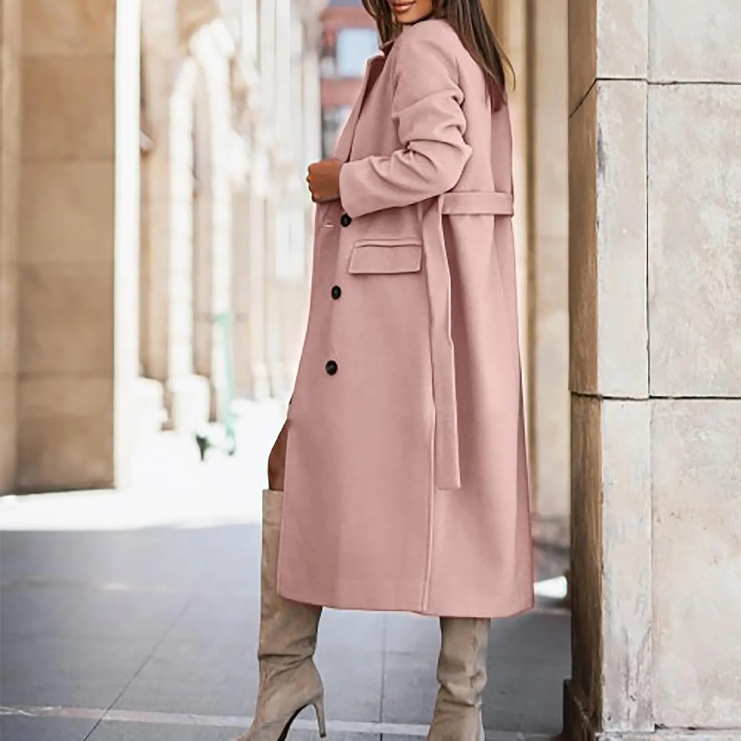 maisdgop Womens Pea Coat Winter Notch Lapel Wool Coat Double Breasted Business Windbreaker Casual Long Woolen Trench Coat
