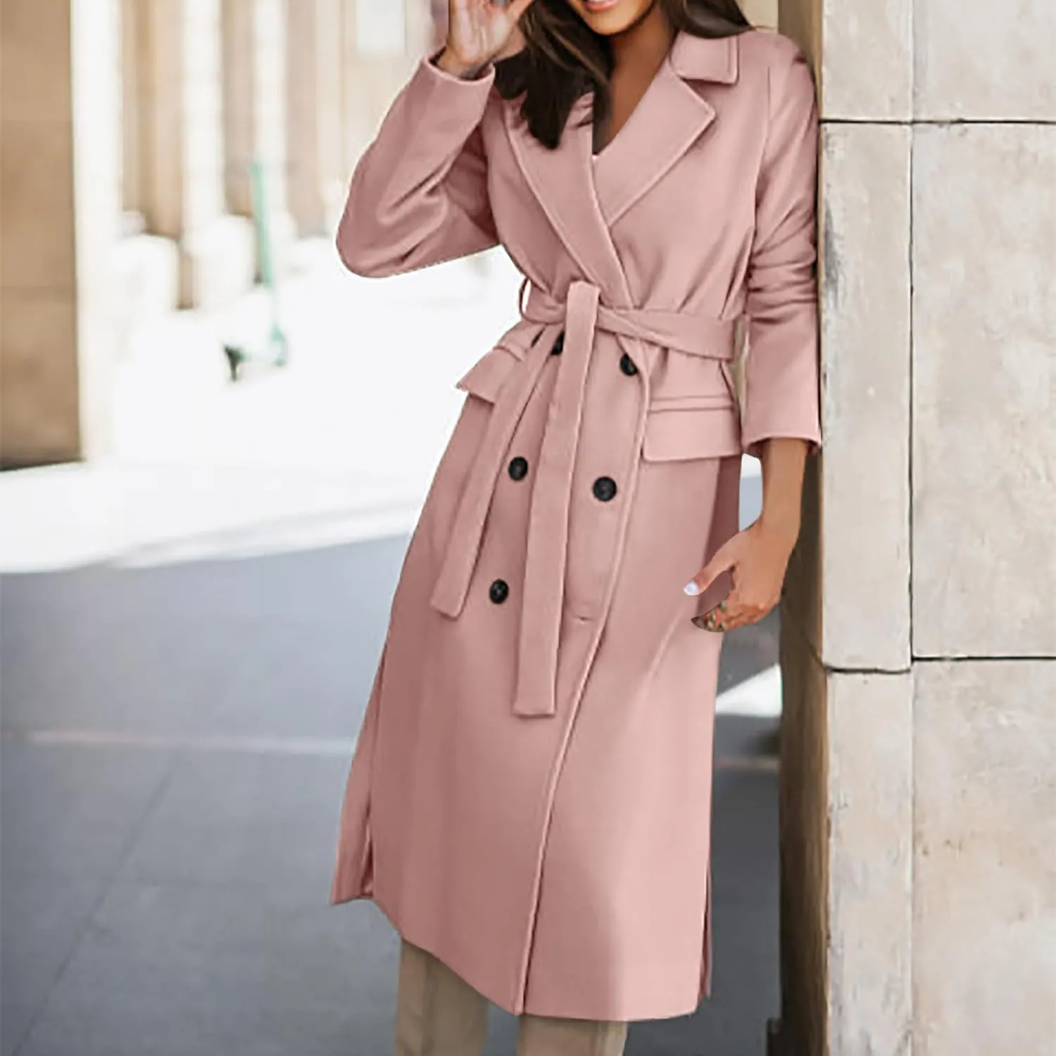 maisdgop Womens Pea Coat Winter Notch Lapel Wool Coat Double Breasted Business Windbreaker Casual Long Woolen Trench Coat