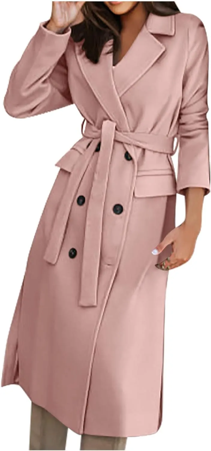 maisdgop Womens Pea Coat Winter Notch Lapel Wool Coat Double Breasted Business Windbreaker Casual Long Woolen Trench Coat