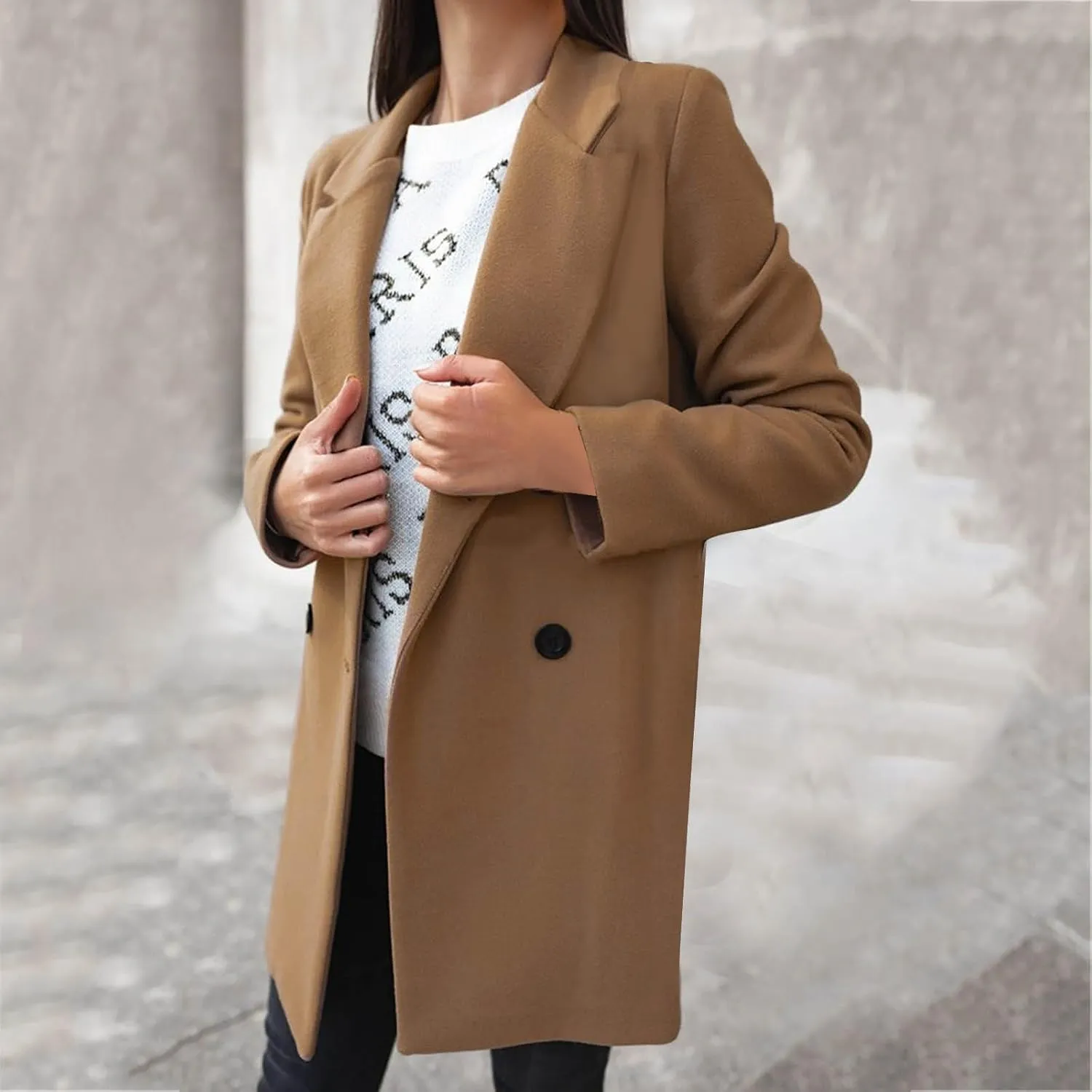 maisdgop Women's Trench Coat 2024 Winter Open Front Double Breasted Peacoats Comfy Long Sleeve Lapel Button down Windbreaker