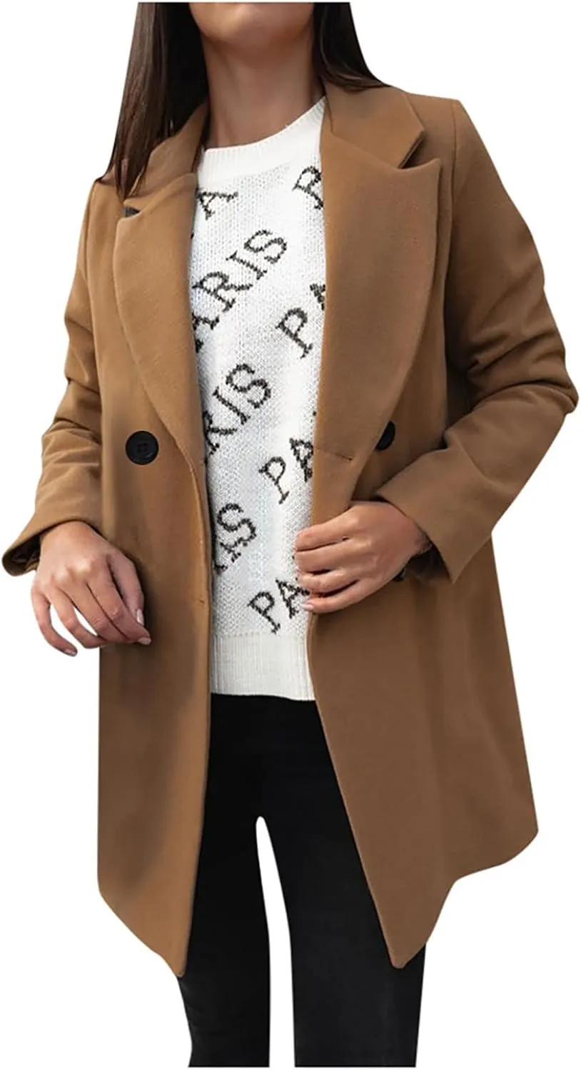 maisdgop Women's Trench Coat 2024 Winter Open Front Double Breasted Peacoats Comfy Long Sleeve Lapel Button down Windbreaker
