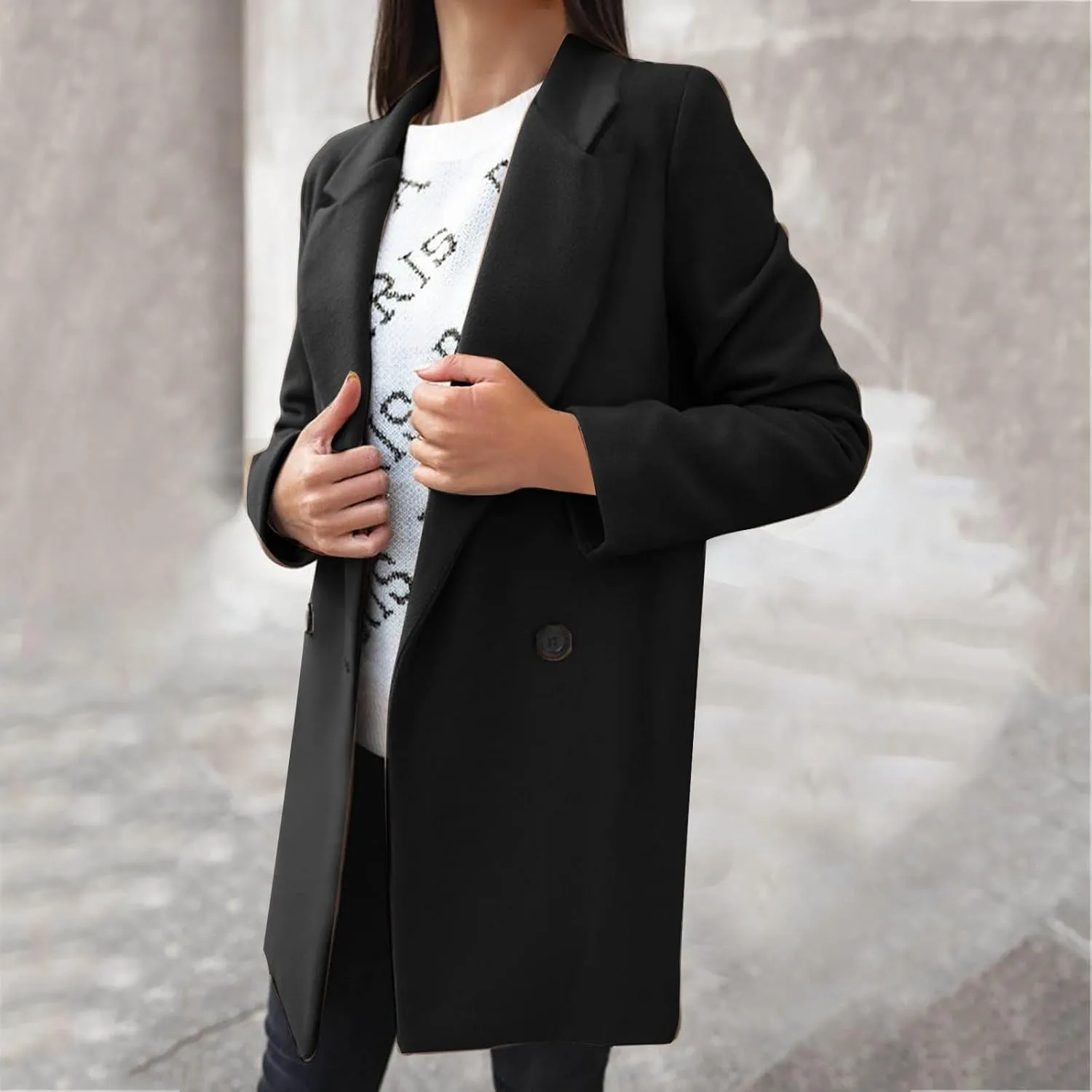 maisdgop Women's Trench Coat 2024 Winter Open Front Double Breasted Peacoats Comfy Long Sleeve Lapel Button down Windbreaker