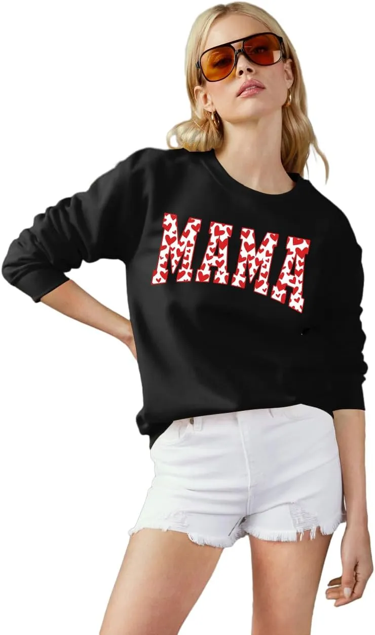 Mama Sweatshirt Women Valentines Shirt Red Hearts In Mama Graphic Sweater Mother Gift Pullover Tops