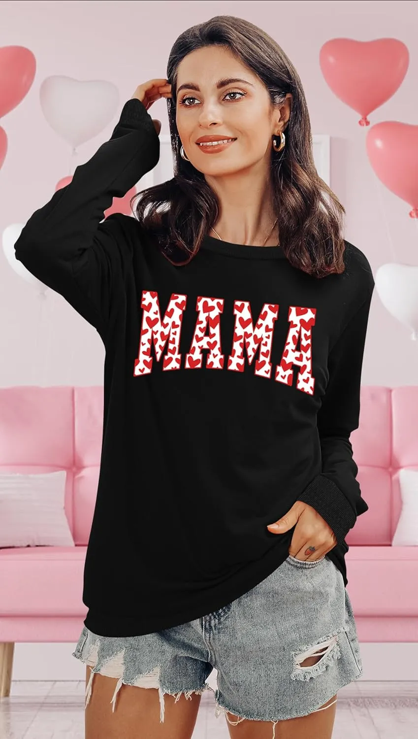 Mama Sweatshirt Women Valentines Shirt Red Hearts In Mama Graphic Sweater Mother Gift Pullover Tops