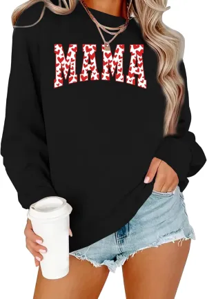 Mama Sweatshirt Women Valentines Shirt Red Hearts In Mama Graphic Sweater Mother Gift Pullover Tops