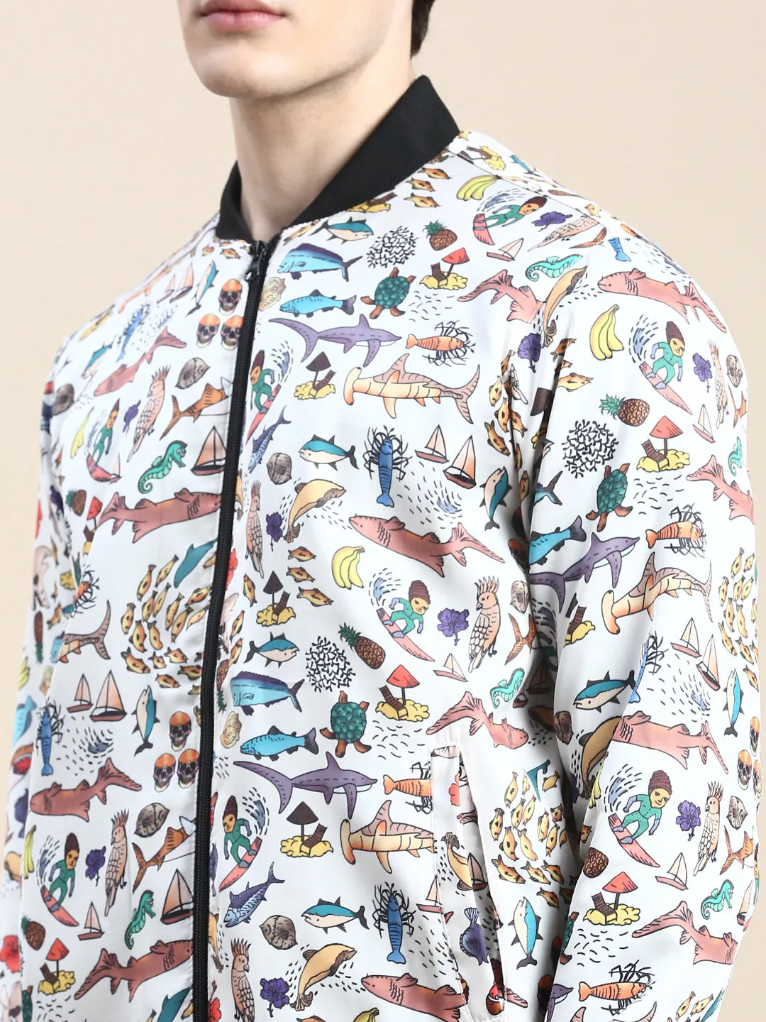 Men Cream Conversational Printed Bomber Jacket