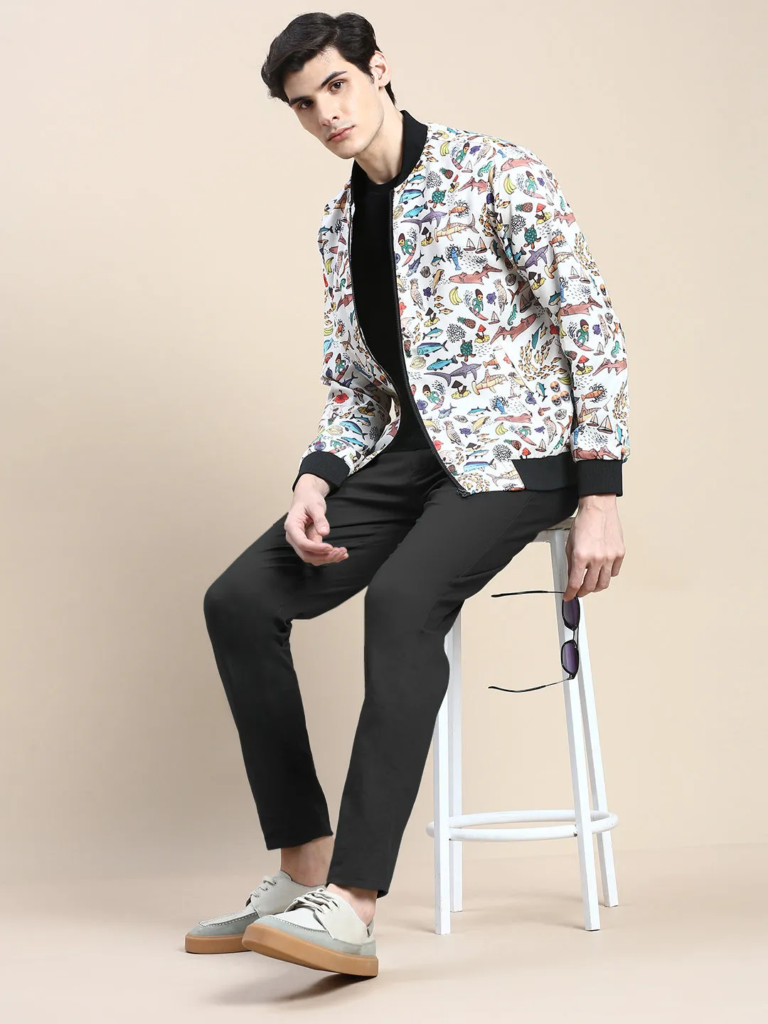Men Cream Conversational Printed Bomber Jacket