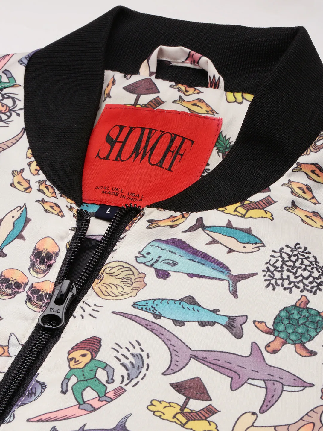 Men Cream Conversational Printed Bomber Jacket