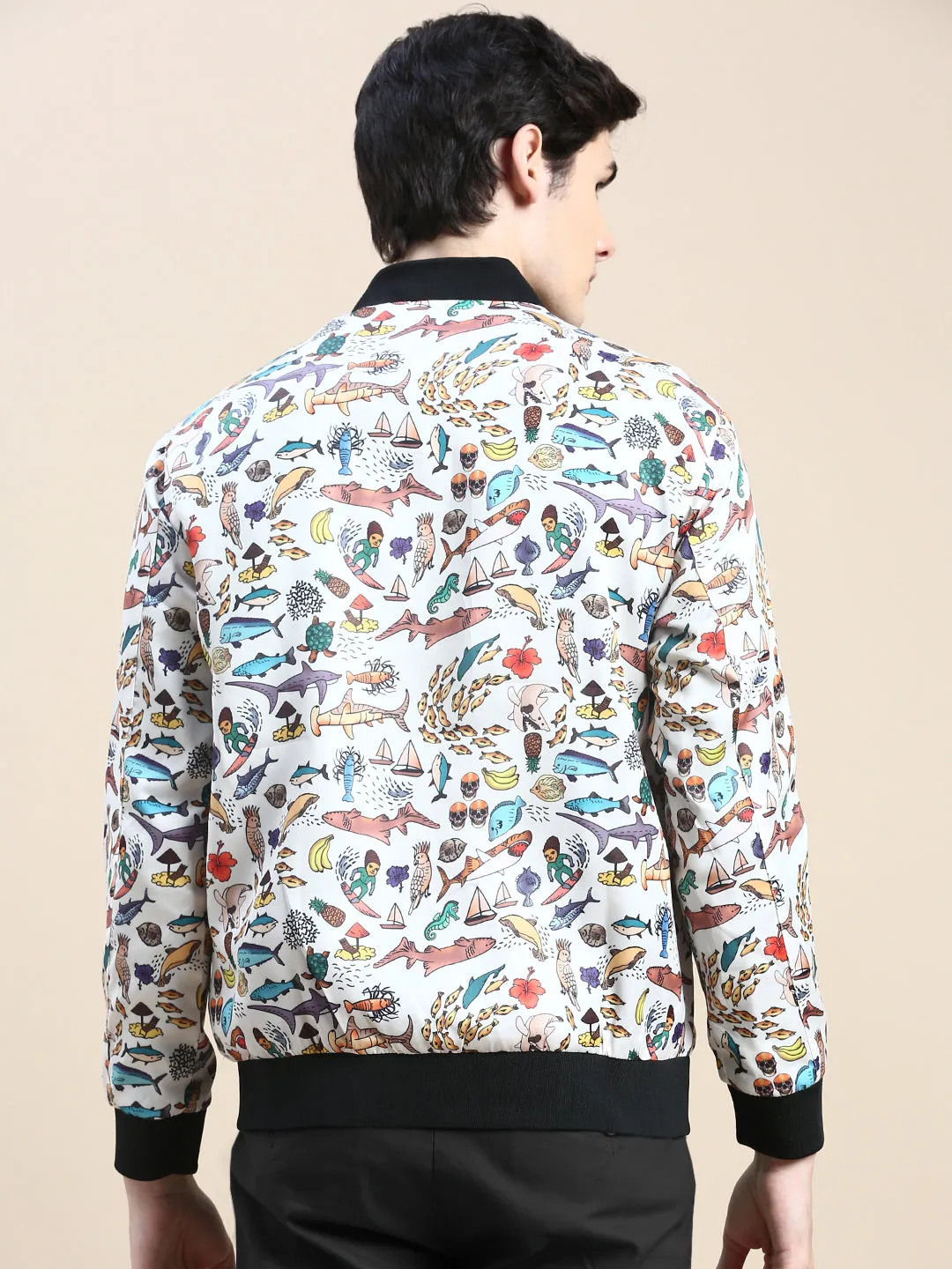 Men Cream Conversational Printed Bomber Jacket
