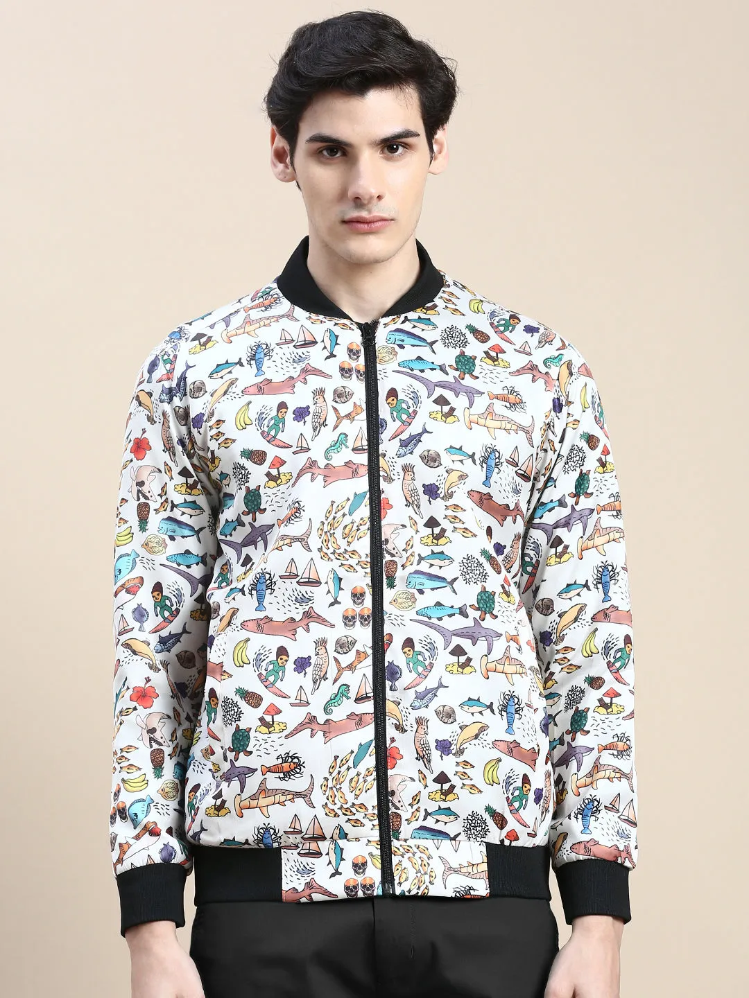 Men Cream Conversational Printed Bomber Jacket