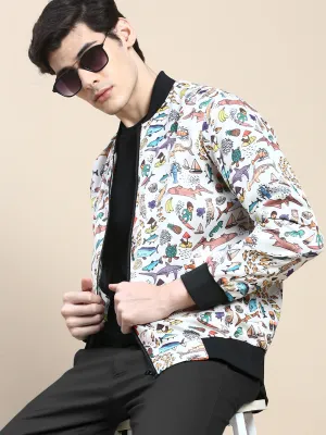 Men Cream Conversational Printed Bomber Jacket