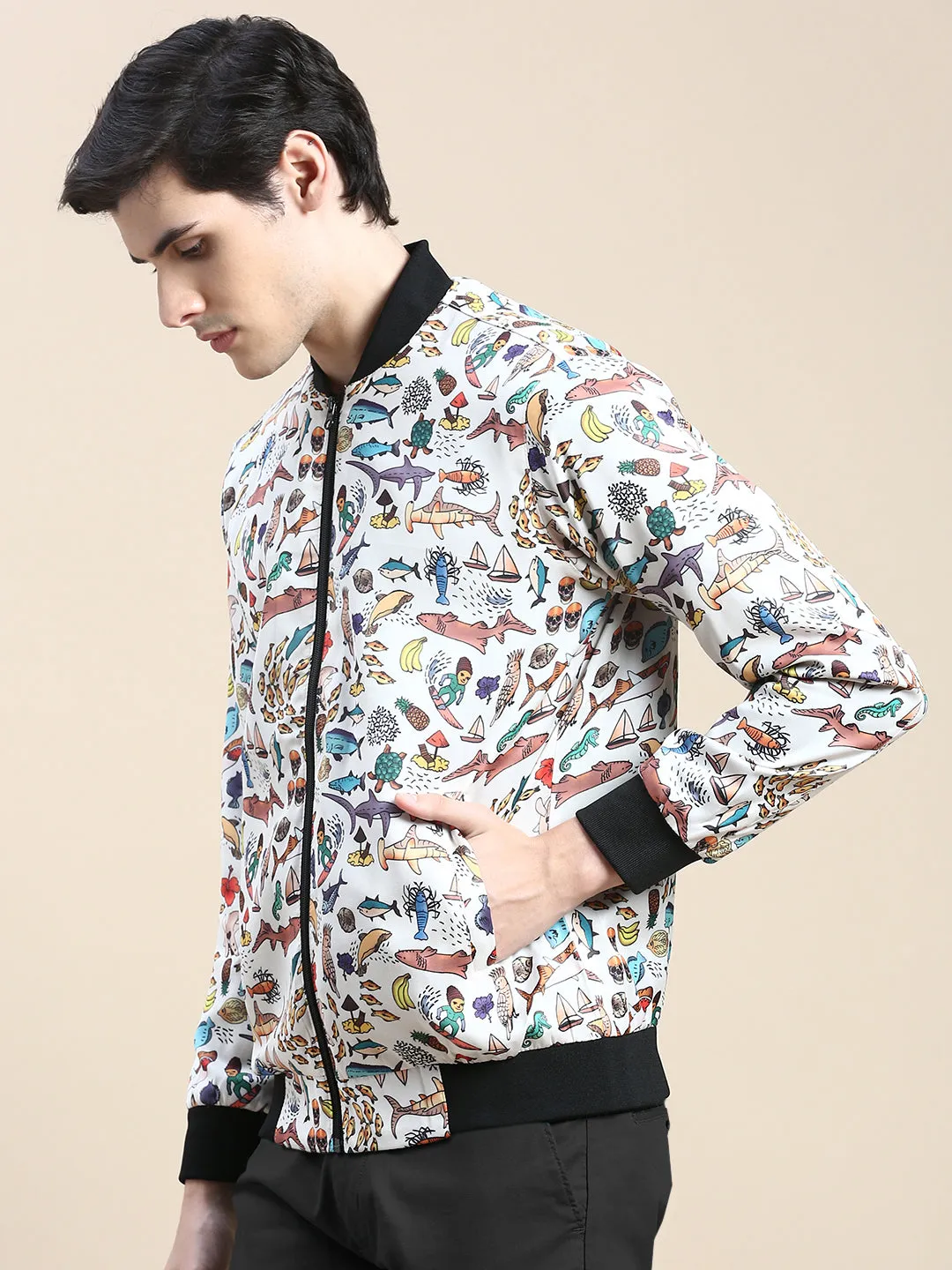 Men Cream Conversational Printed Bomber Jacket