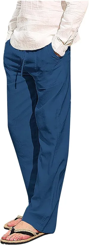 Men Fashion Cotton Linen Plus Size Casual Elastic Waist Pockets Long Pants
