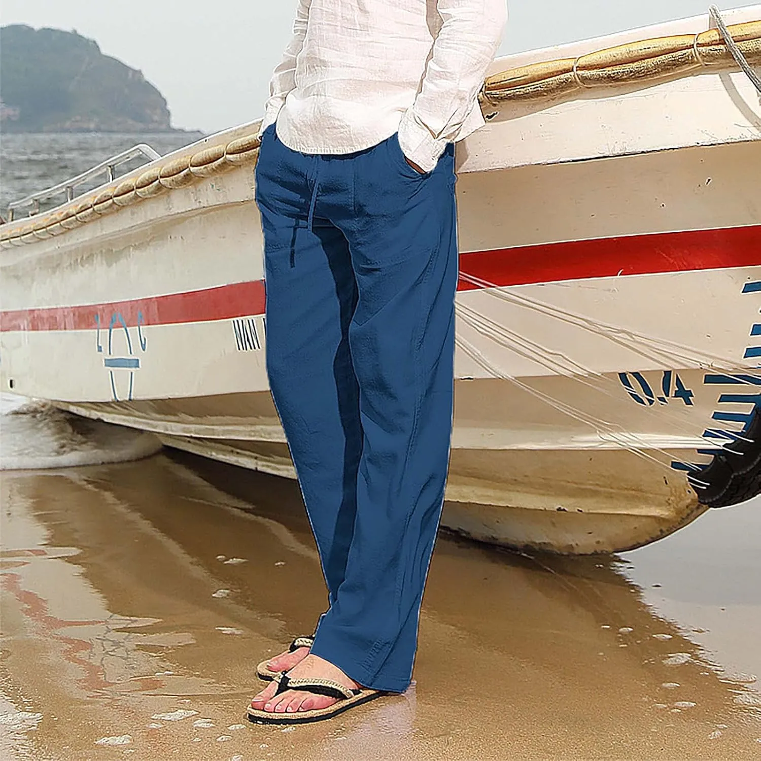 Men Fashion Cotton Linen Plus Size Casual Elastic Waist Pockets Long Pants