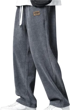 Men's Baggy Pants Tie Front Drawstring Waist Corduroy Pants Casual Loose Straight Leg Pants Trousers