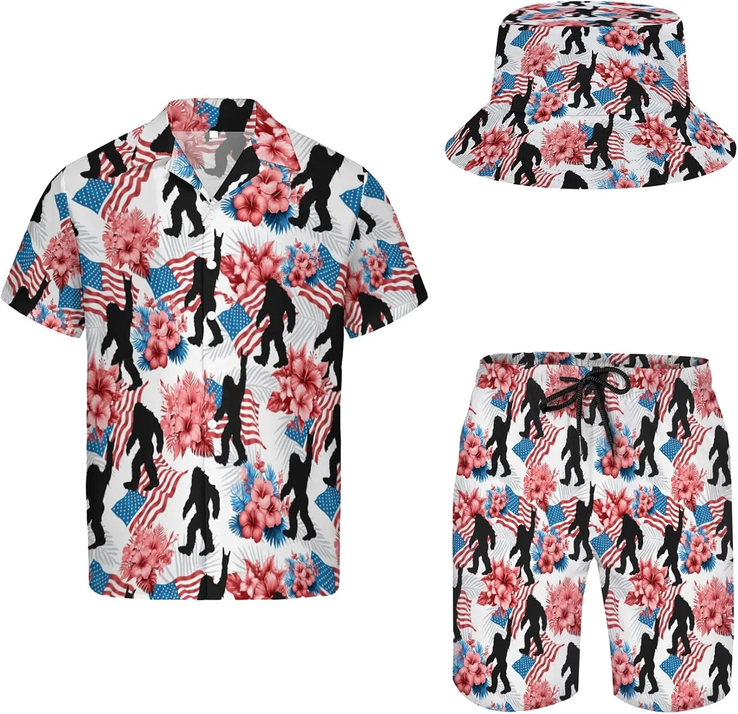 Men's Button Shirt Beach Shorts Set, Hawaiian Short Sleeve Shirt Quick Dry Beach Shorts 2 Pcs with Bucket Hat