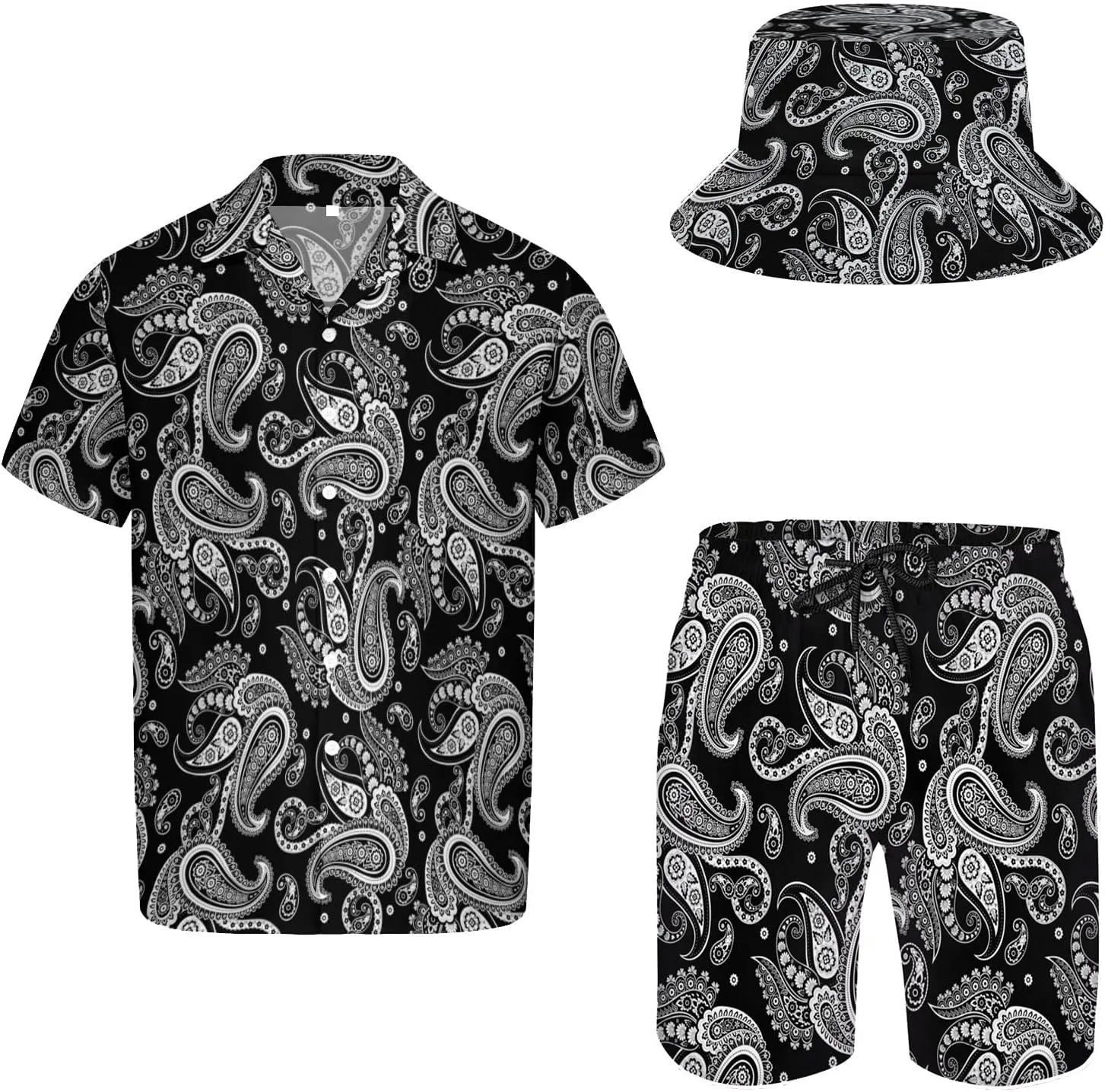 Men's Button Shirt Beach Shorts Set, Hawaiian Short Sleeve Shirt Quick Dry Beach Shorts 2 Pcs with Bucket Hat