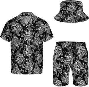 Men's Button Shirt Beach Shorts Set, Hawaiian Short Sleeve Shirt Quick Dry Beach Shorts 2 Pcs with Bucket Hat