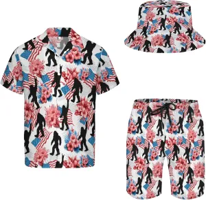 Men's Button Shirt Beach Shorts Set, Hawaiian Short Sleeve Shirt Quick Dry Beach Shorts 2 Pcs with Bucket Hat