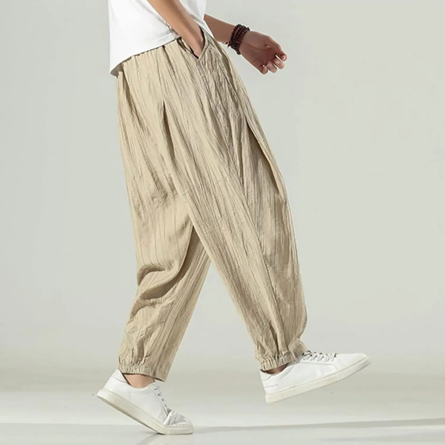 Men's Casual Linen Pants, Cotton Drawstring Elastic Waist Summer Yoga Beach Pants, Lightweight Loose Trousers