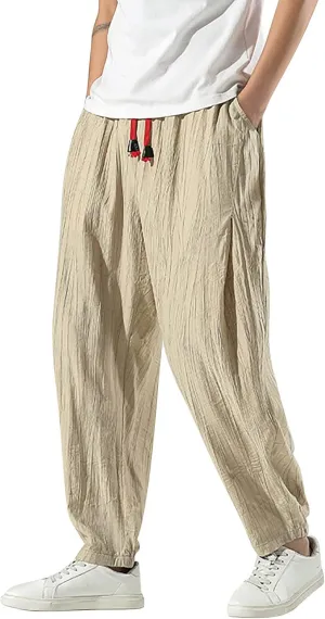 Men's Casual Linen Pants, Cotton Drawstring Elastic Waist Summer Yoga Beach Pants, Lightweight Loose Trousers
