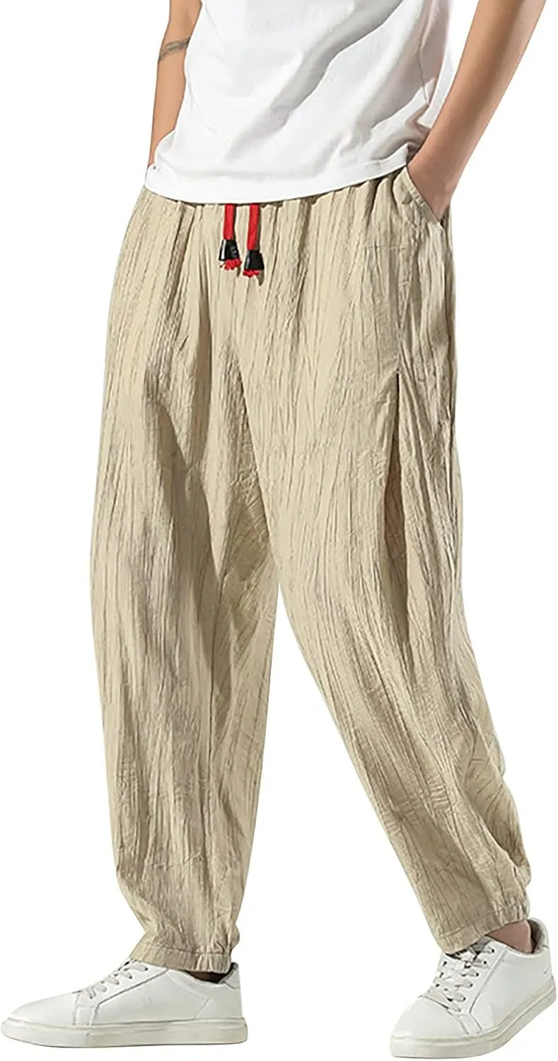 Men's Casual Linen Pants, Cotton Drawstring Elastic Waist Summer Yoga Beach Pants, Lightweight Loose Trousers