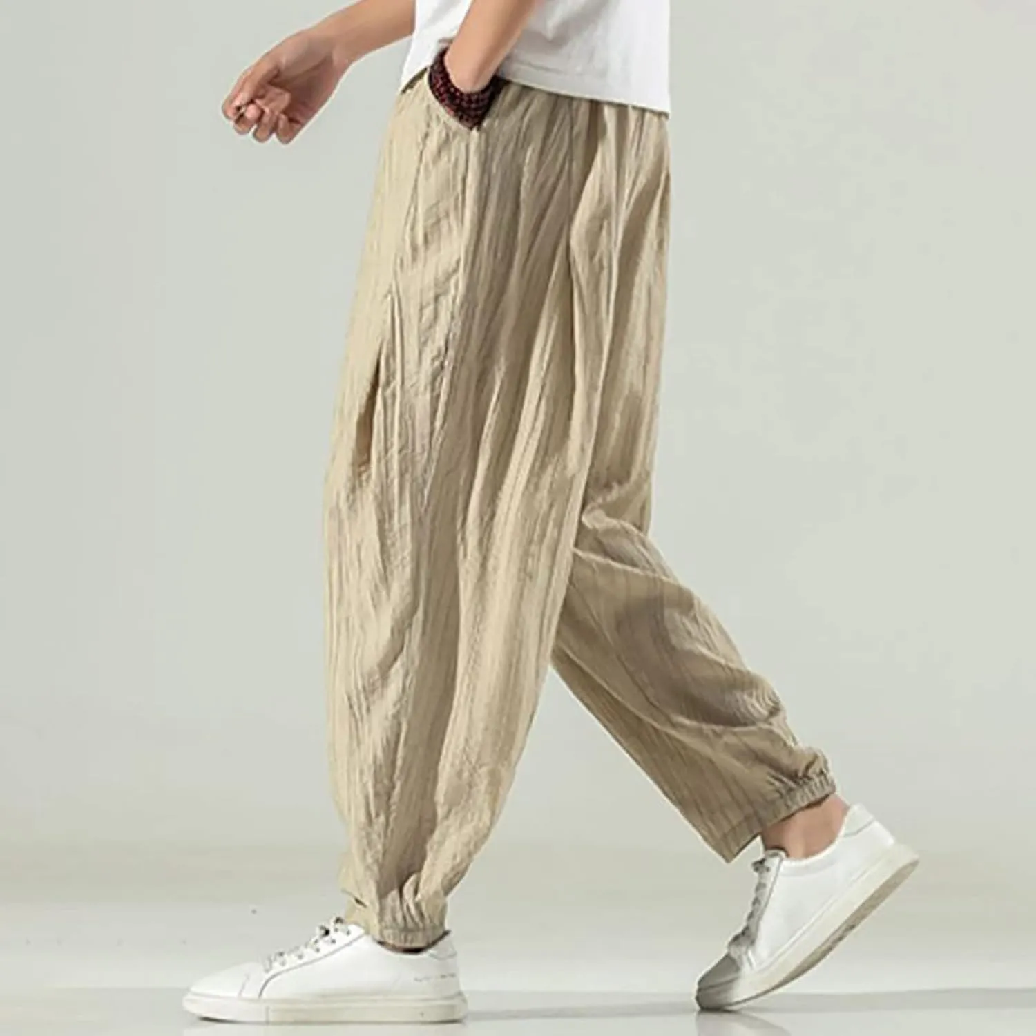 Men's Casual Linen Pants, Cotton Drawstring Elastic Waist Summer Yoga Beach Pants, Lightweight Loose Trousers