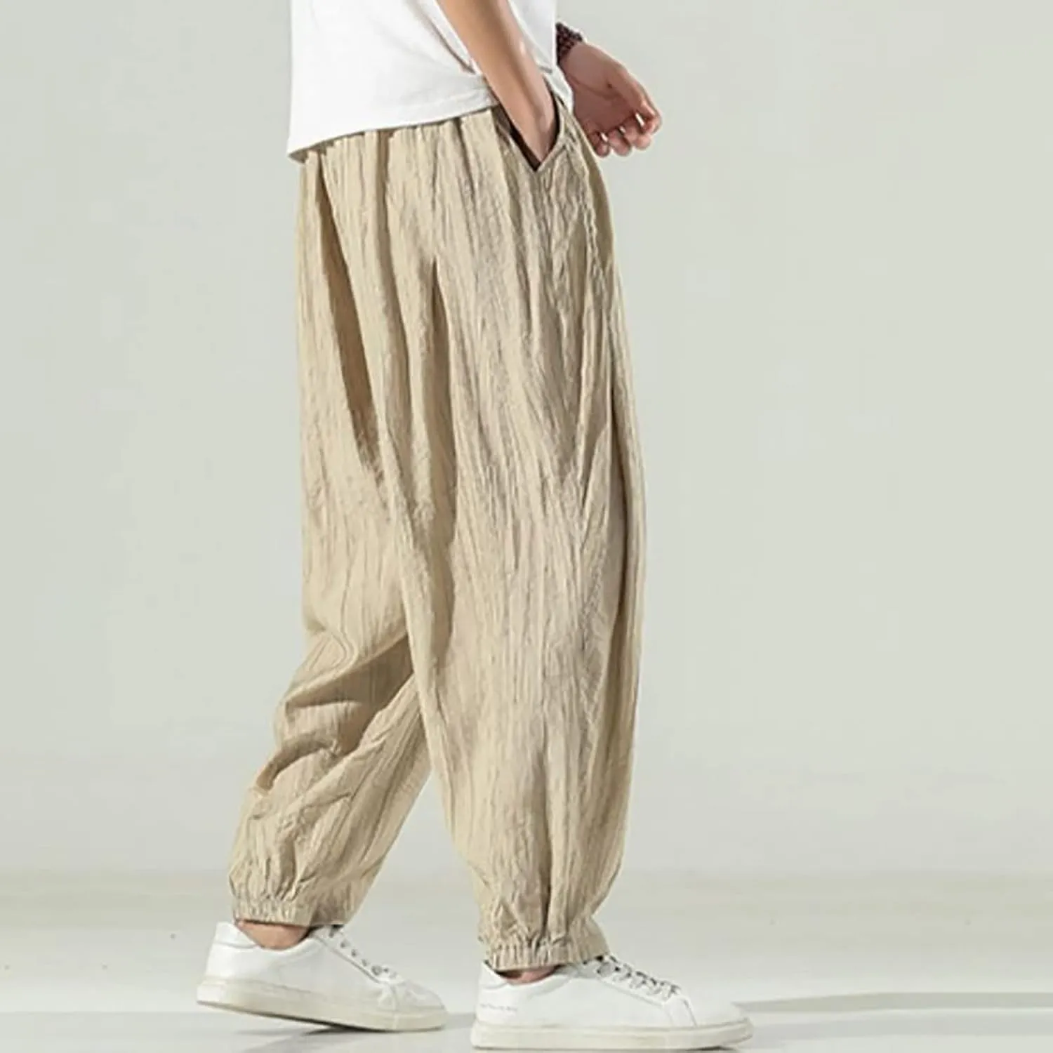 Men's Casual Linen Pants, Cotton Drawstring Elastic Waist Summer Yoga Beach Pants, Lightweight Loose Trousers