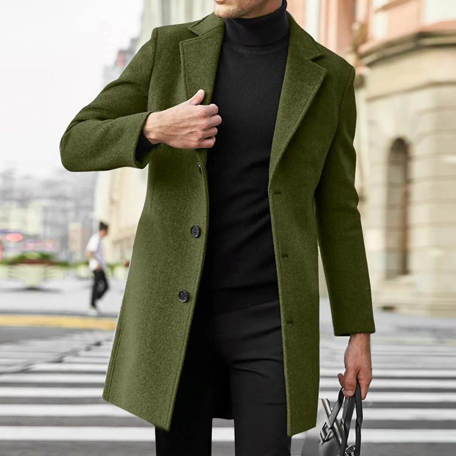 Mens Casual Trench Coat Notched Collar Single Breasted Business Overcoat Winter Warm Wool Blend Peacoat