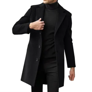 Mens Casual Trench Coat Notched Collar Single Breasted Business Overcoat Winter Warm Wool Blend Peacoat