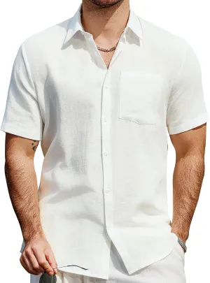 Mens Cotton Linen Shirts Casual Button Down Short Sleeve Shirt Vacation Beach Summer Hawaiian Shirt with Pocket