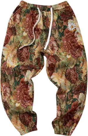 Mens Embroidered Floral Casual Pants with Drawstrings Trend Color Matching Slacks for Men Flower Printed Party Prom Trousers